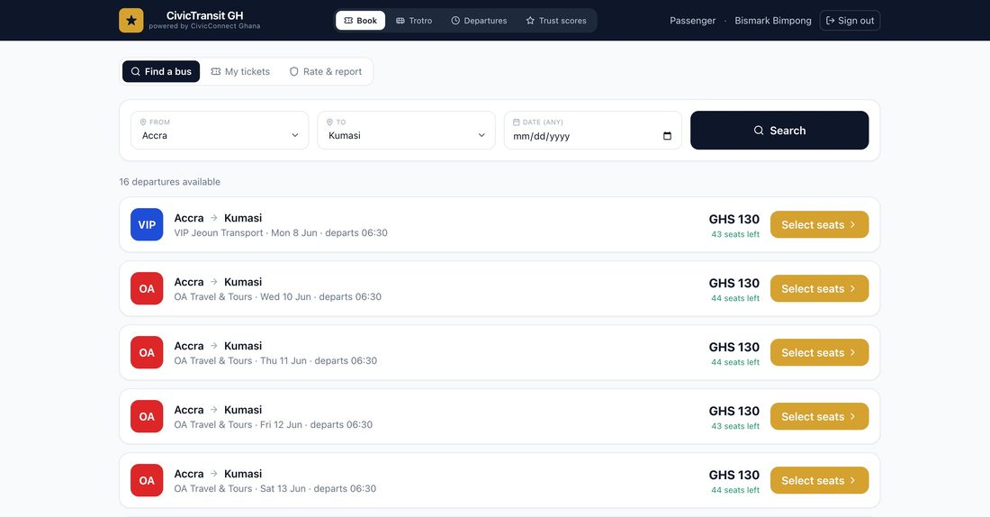 CivicTransit GH bus booking screen