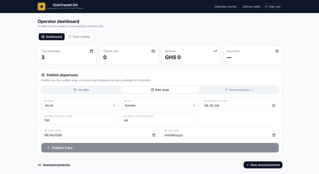 CivicTransit operator dashboard with revenue and trip controls
